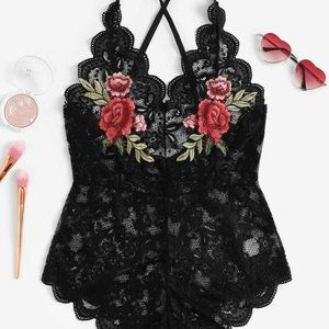 New SHEIN Plus-Size Criss Cross Appliques Scalloped Trim Lace Teddy Bodysuit 1X